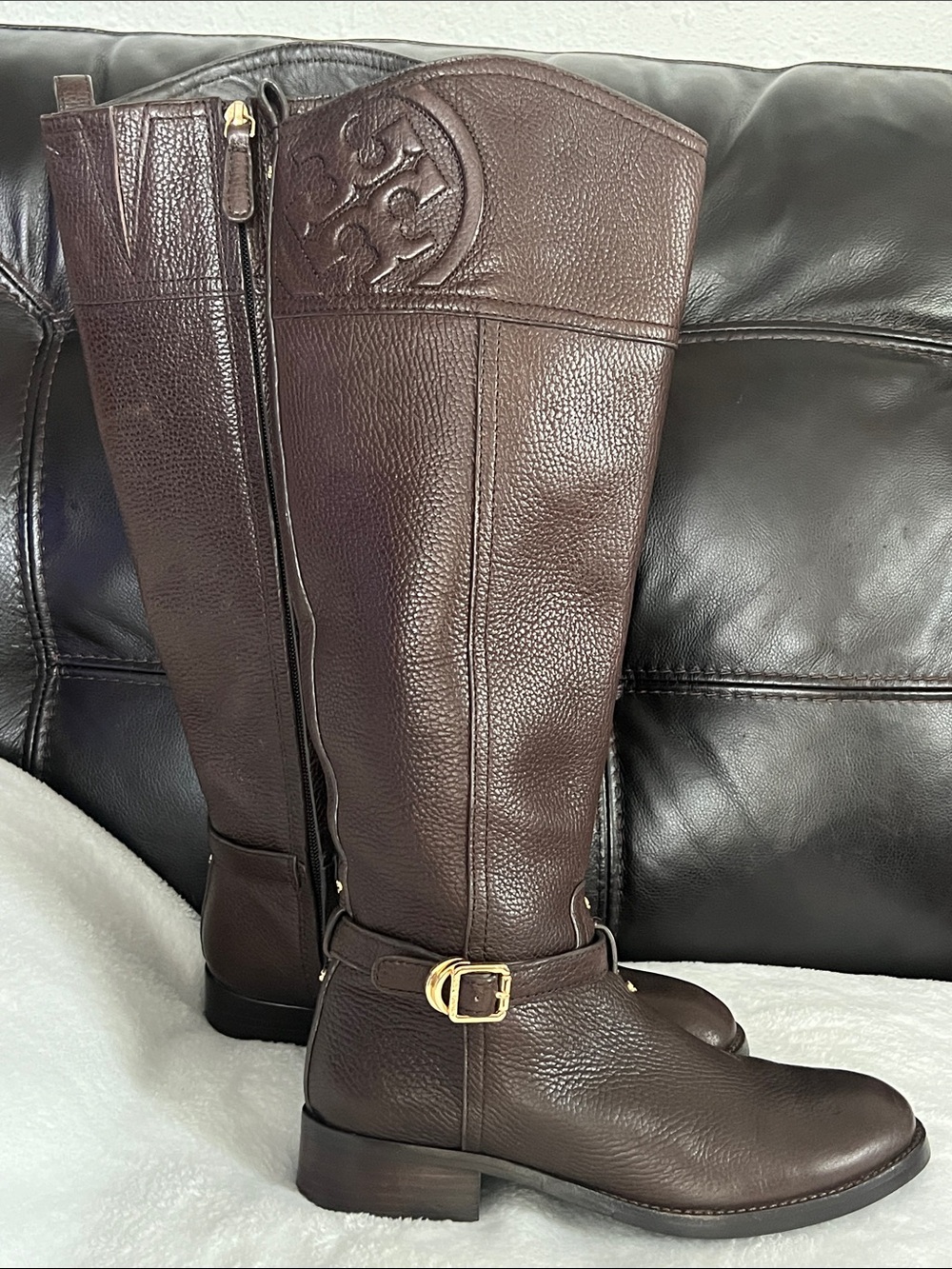 Tory Burch Dark Brown Leather Tall Riding Boots with Gold Buckle